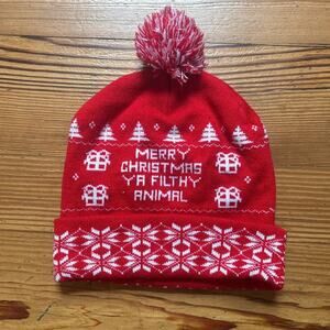Merry Christmas filthy animal Home Alone red white pom knit beanie winter hat